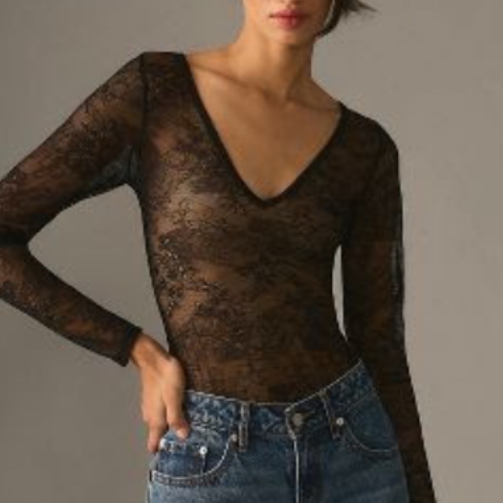NWOT Anthropologie deep v-neck black lace bodysuit